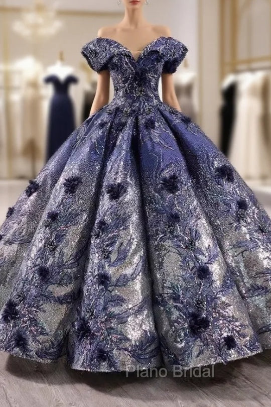 Blue Ball Gown Sequins Appliques Off the Shoulder Formal Prom Dresses Main image