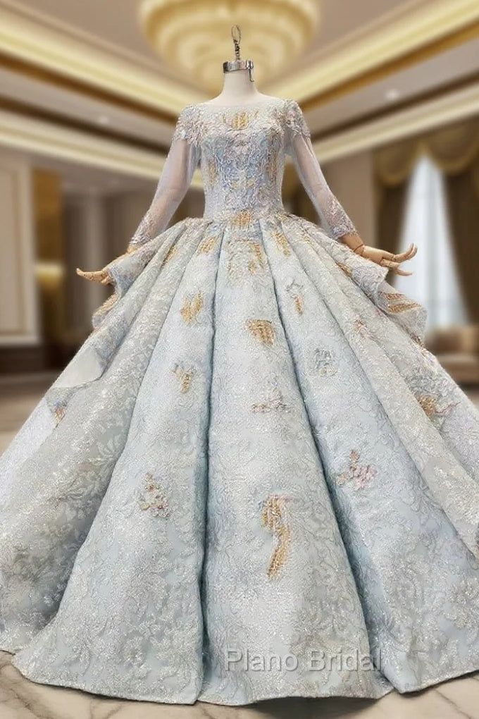 Blue Ball Gown Sequins Long Sleeve Appliques Luxury Wedding Dresses With Pearls