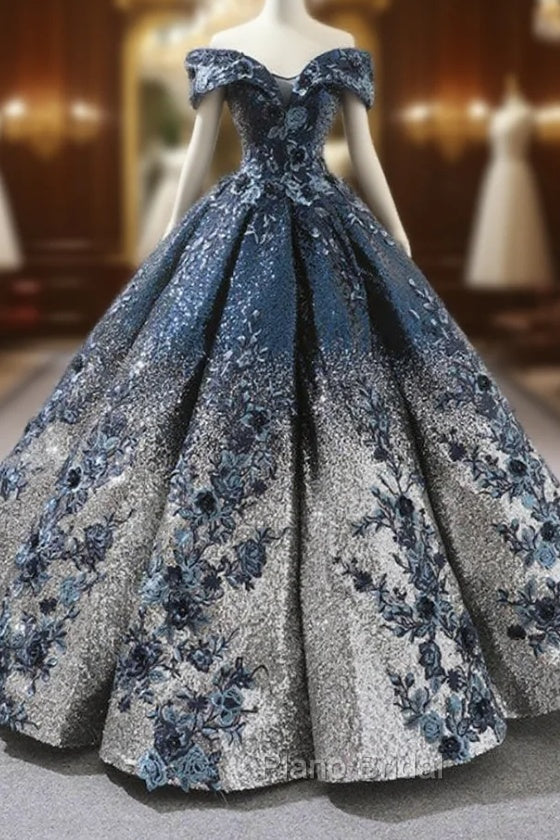 Blue Ball Gown Sequins Off The Shoulder Appliques Floor Length Wedding Dresses Main image
