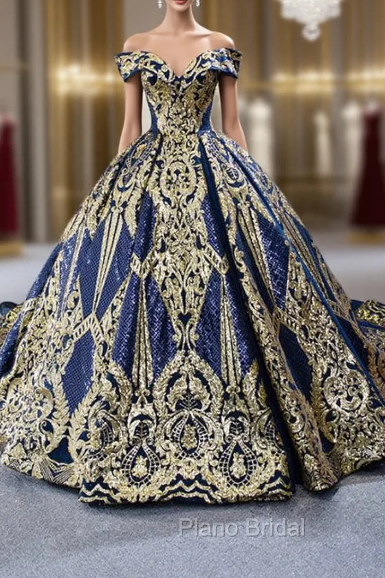 Blue Ball Gown Sequins Off the Shoulder Luxury Formal Prom Dresses Main image