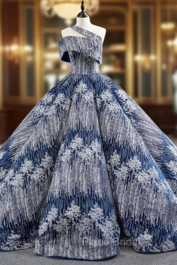 Blue Ball Gown Sequins One Shoulder Long Luxury Formal Prom Dresses Main image