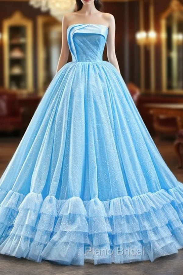 Blue Ball Gown Sequins Strapless Pleats Sleeveless Formal Prom Dresses Main image