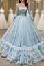 Blue Ball Gown Sequins Tulle Long Sleeve Pleats Formal Prom Dresses