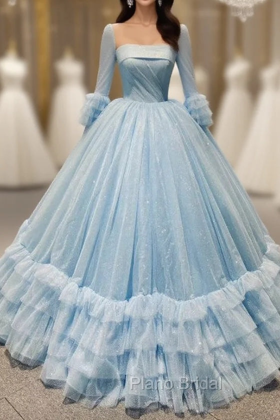 Blue Ball Gown Sequins Tulle Long Sleeve Pleats Formal Prom Dresses