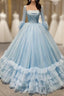 Blue Ball Gown Sequins Tulle Long Sleeve Pleats Formal Prom Dresses