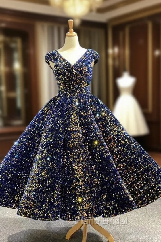 Blue Ball Gown Sequins V-neck Cap Sleeve Formal Prom Dresses