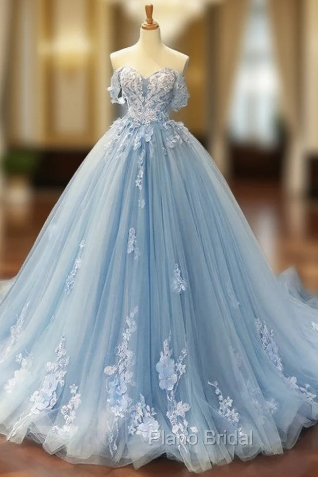 Blue Ball Gown Tulle Appliques Off The Shoulder Backless Sweet 16 Formal Prom Dresses
