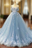 Blue Ball Gown Tulle Appliques Off The Shoulder Backless Sweet 16 Formal Prom Dresses