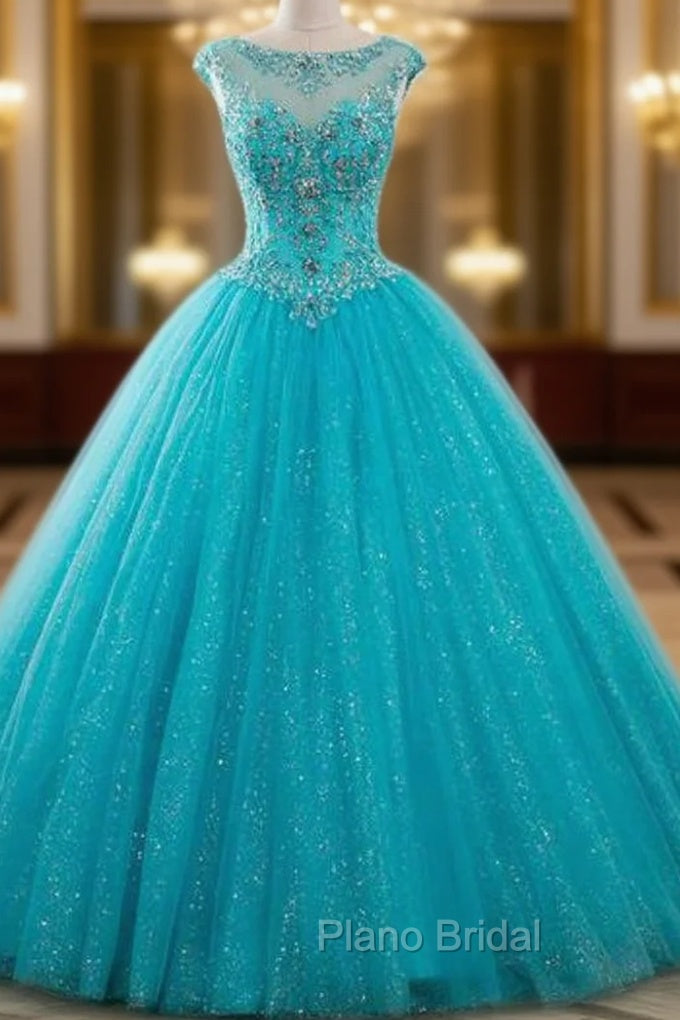 Blue Ball Gown Tulle Backless Long Quinceanera Dresses With Crystal Main image