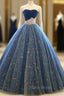 Blue Ball Gown Tulle Floor Length Strapless Princess Quinceanera Dresses