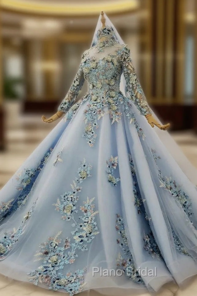 Blue Ball Gown Tulle High Neck Long Sleeve Appliques Beading Wedding Dressesading Wedding Dresses