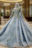 Blue Ball Gown Tulle High Neck Long Sleeve Appliques Beading Wedding Dressesading Wedding Dresses
