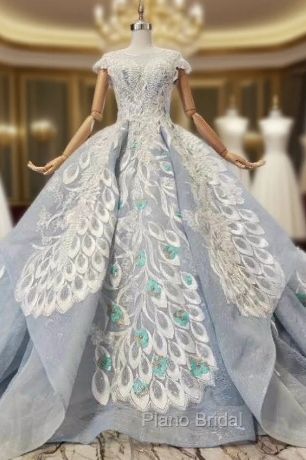 Blue Ball Gown Tulle Lace Appliques Cap Sleeve Luxury Wedding Dresses With Beading Main image