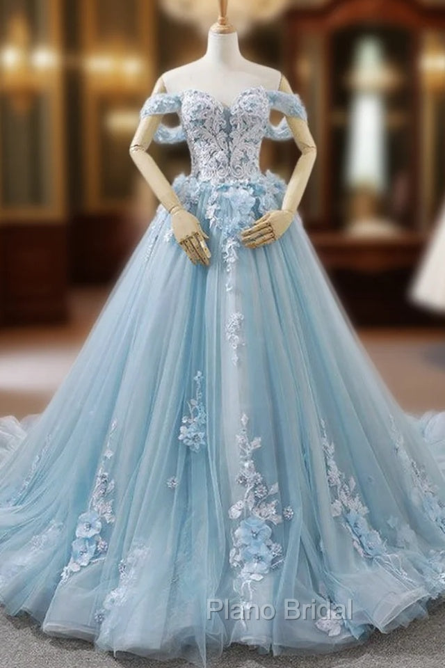 Blue Ball Gown Tulle Off The Shoulder Appliques Wedding Dresses Main image