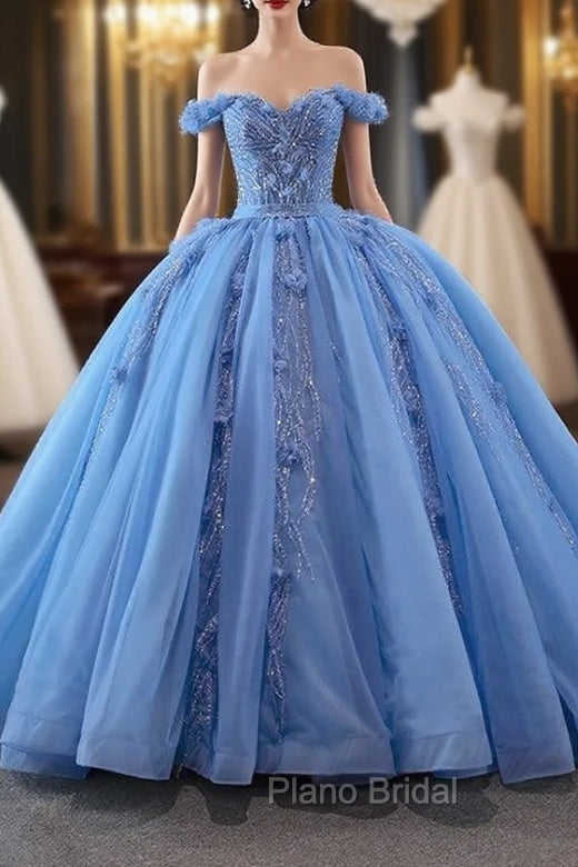 Blue Ball Gown Tulle Off the Shoulder Sequins Appliques Formal Prom Dresses