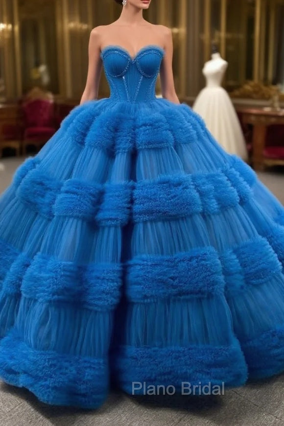 Blue Ball Gown Tulle Pink Tulle Pleats Beading Formal Prom Dresses