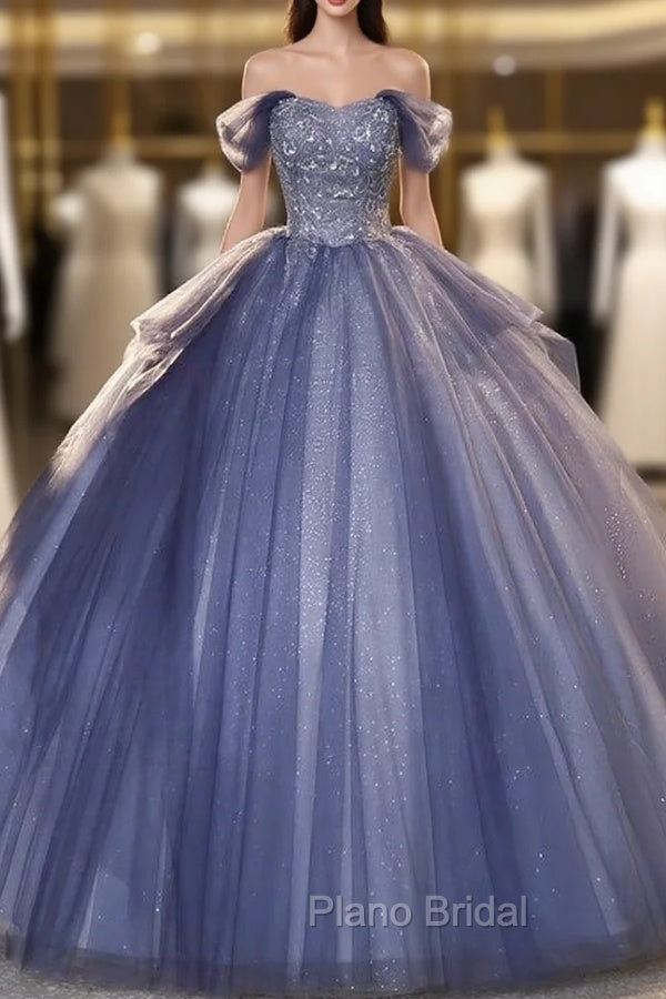 Blue Ball Gown Tulle Sequins Beading Quinceanera Dresses