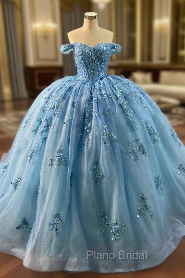 Blue Ball Gown Tulle Sequins Flower Formal Prom Dresses Main image