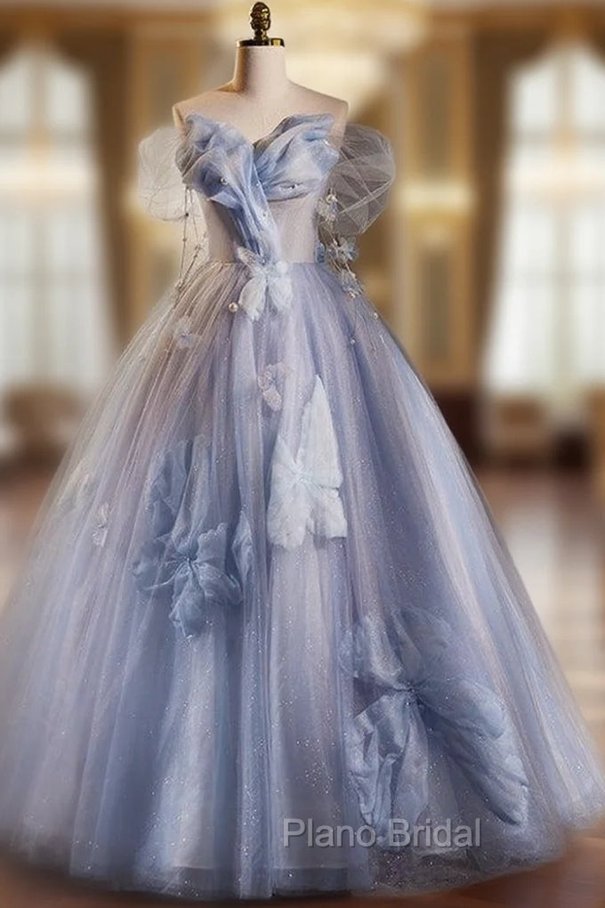 Blue Ball Gown Tulle Sequins Off the Shoulder Beading Formal Prom Dresses Main image