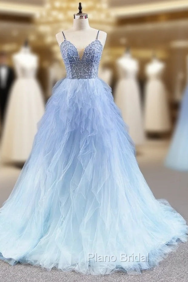 Blue Ball Gown Tulle Spaghetti Straps Beading Formal Prom Dresses Main image