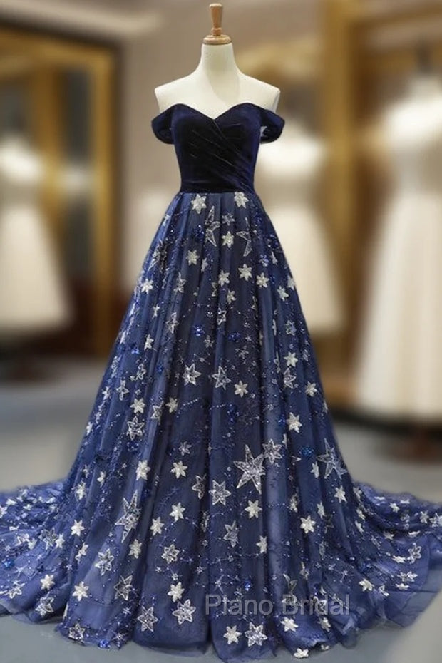 Blue Ball Gown Tulle Star Sequins Off the Shoulder Formal Prom Dresses Main image