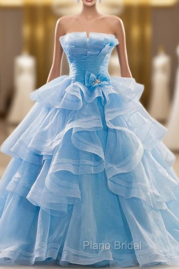 Blue Ball Gown Tulle Strapless Pleats Wedding Dresses Main image