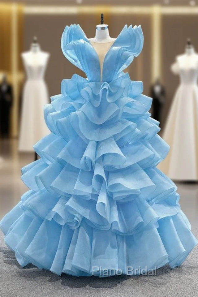Blue Ball Gown Tulle Tiers See Through V-neck Formal Prom Dresses