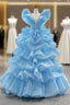Blue Ball Gown Tulle Tiers See Through V-neck Formal Prom Dresses