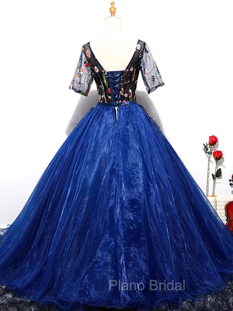 Blue Ball Gown Tulle with Lace Short Sleeves Party Dresses, Blue Sweet 16 Dresses