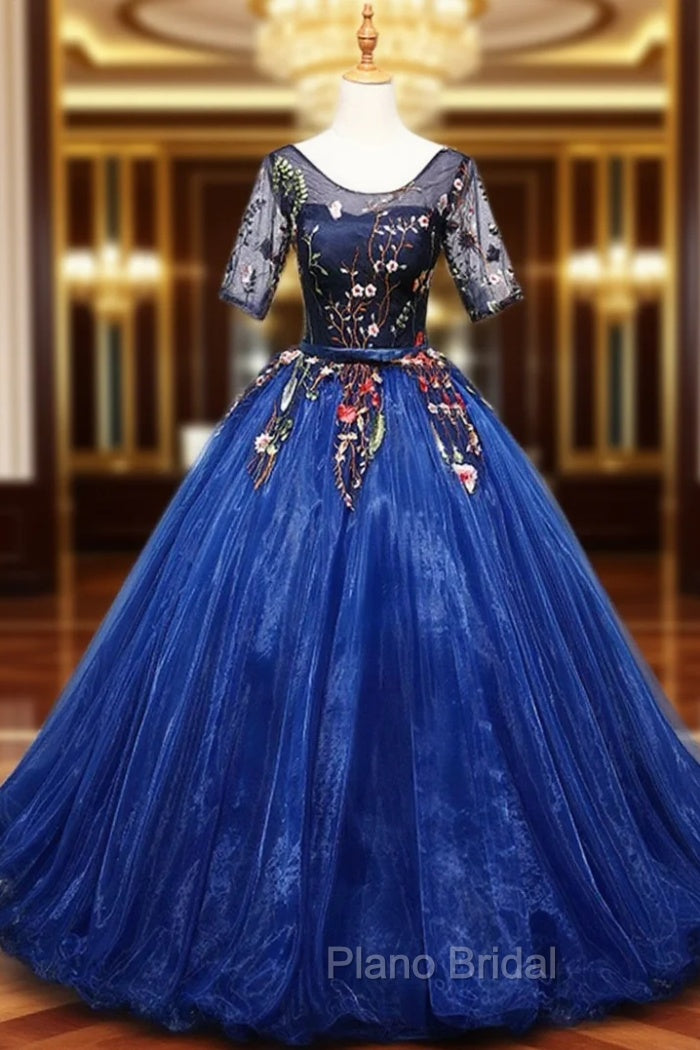 Blue Ball Gown Tulle with Lace Short Sleeves Party Dresses, Blue Sweet 16 Dresses Main image
