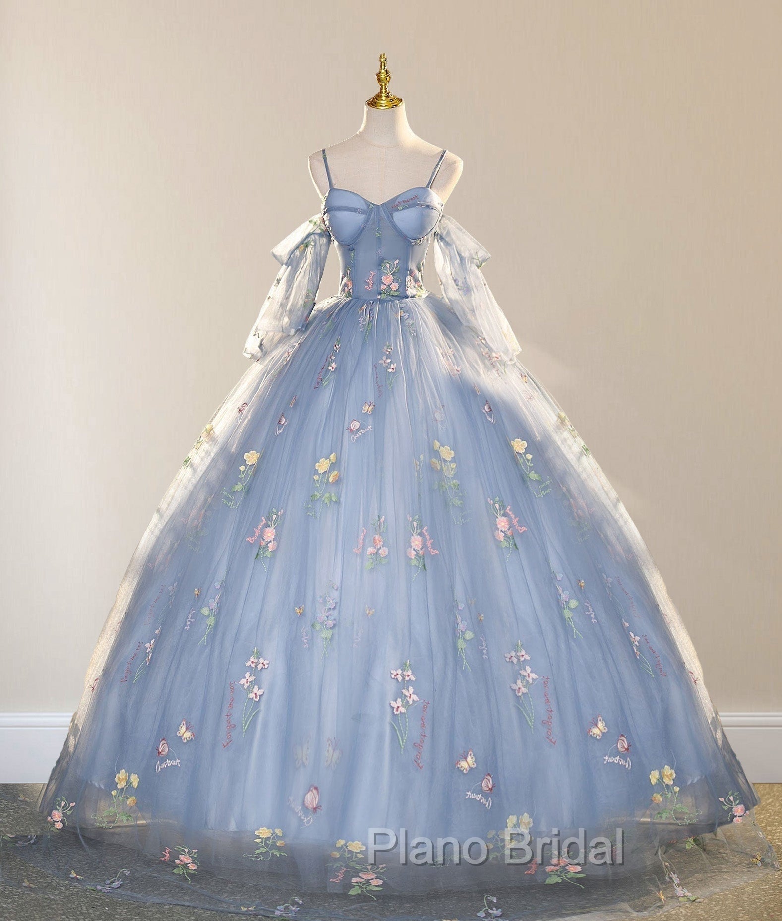 Blue Ball Gown with Scattered Little Flower Formal Prom Dresses