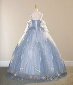 Blue Ball Gown with Scattered Little Flower Formal Prom Dresses