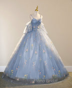 Blue Ball Gown with Scattered Little Flower Formal Prom Dresses