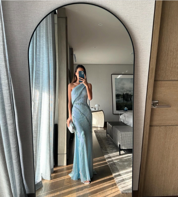 Blue Beaded Fashion One Shoulder Long Formal Prom Dresses Formal Evening Dresses