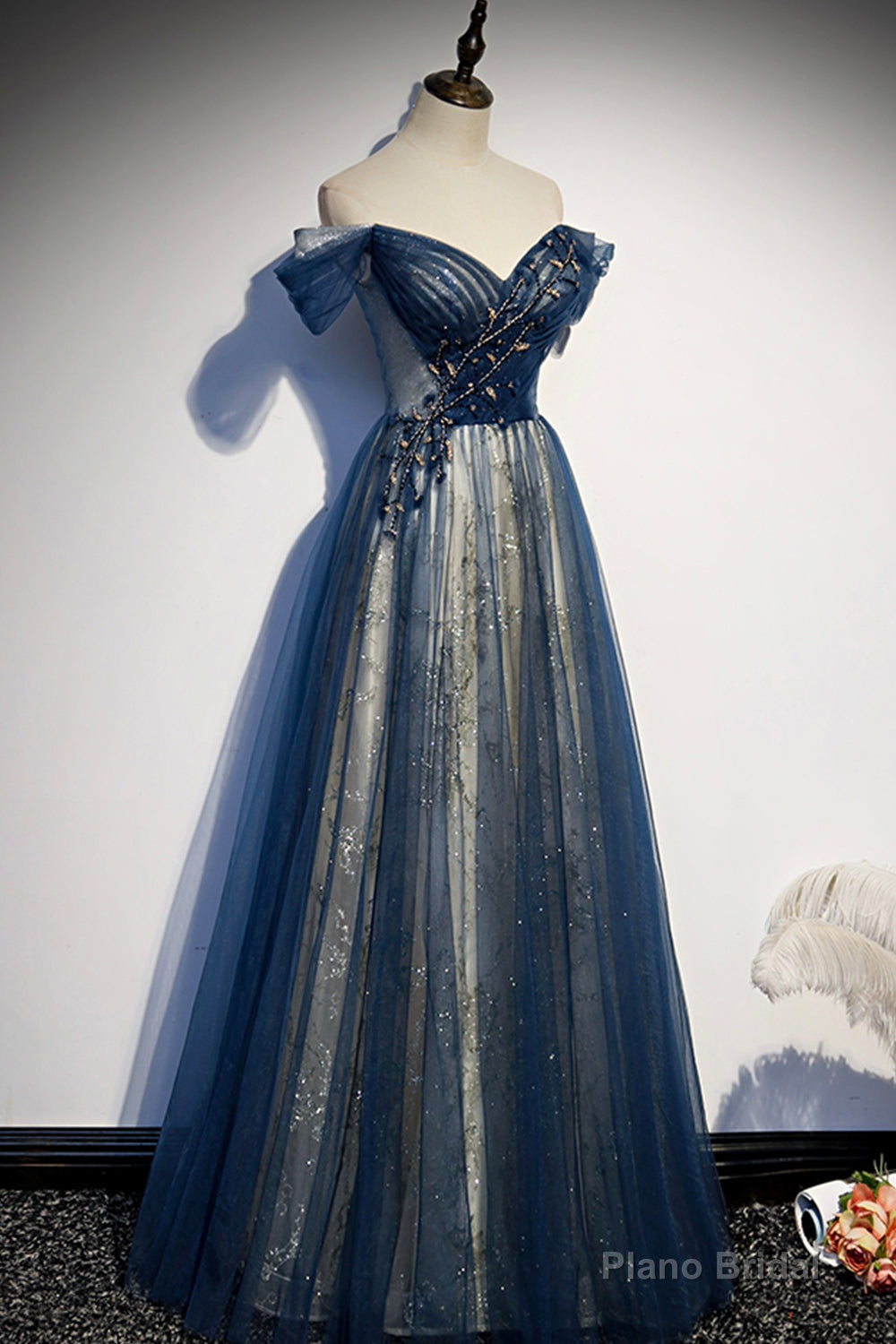 Blue Beaded Off Shoulder Sweetheart Shiny Tulle Party Dress, Blue Evening Dress Prom Dress Secondary image
