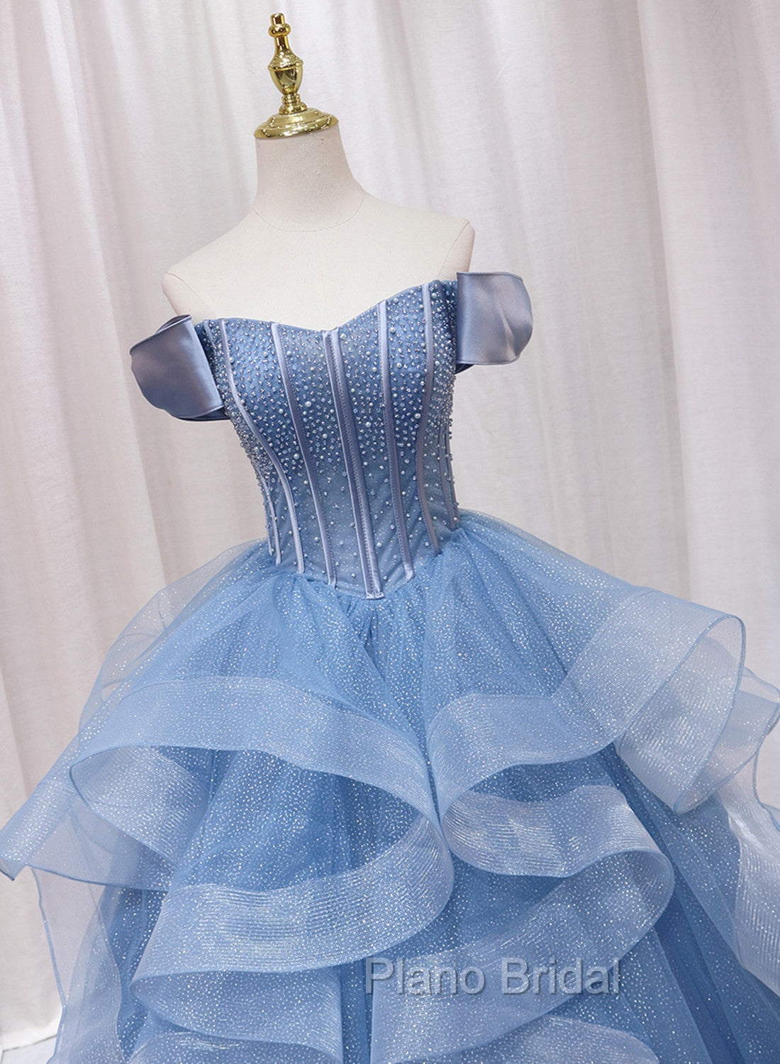 Blue Beaded Off Shoulder Tulle Long Formal Dresses, Blue Evening Dresses Formal Prom Dresses