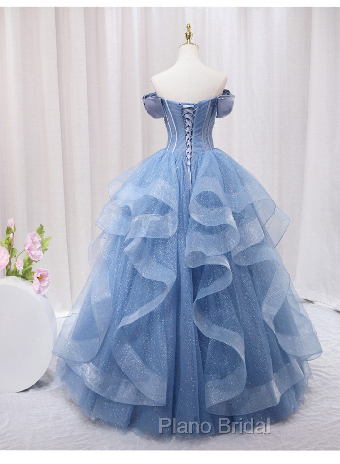 Blue Beaded Off Shoulder Tulle Long Formal Dresses, Blue Evening Dresses Formal Prom Dresses Secondary image