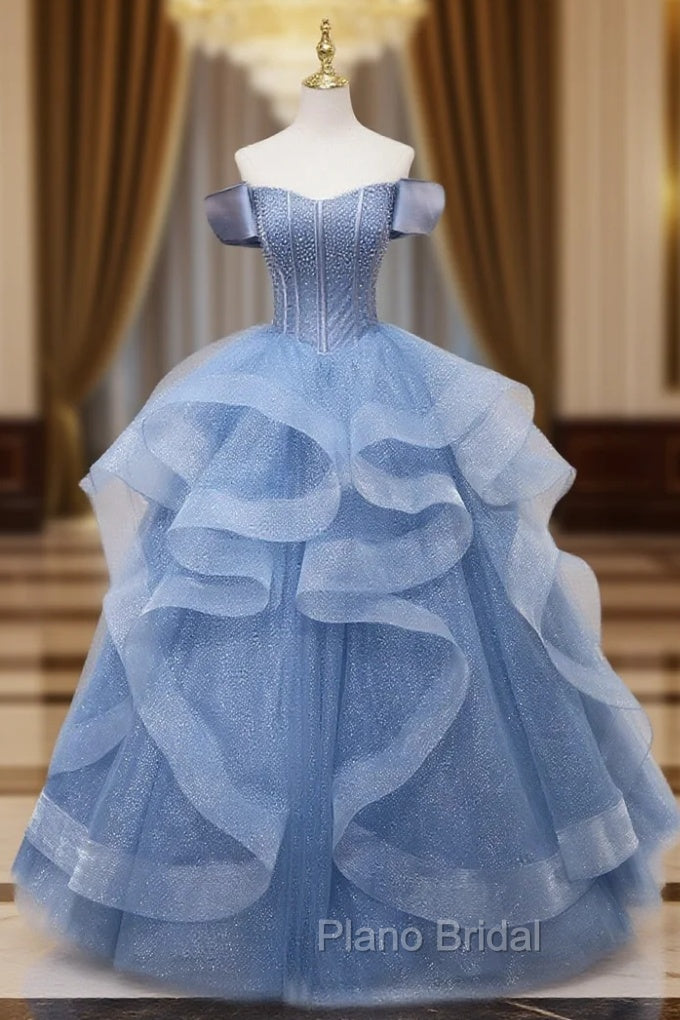 Blue Beaded Off Shoulder Tulle Long Formal Dresses, Blue Evening Dresses Formal Prom Dresses Main image