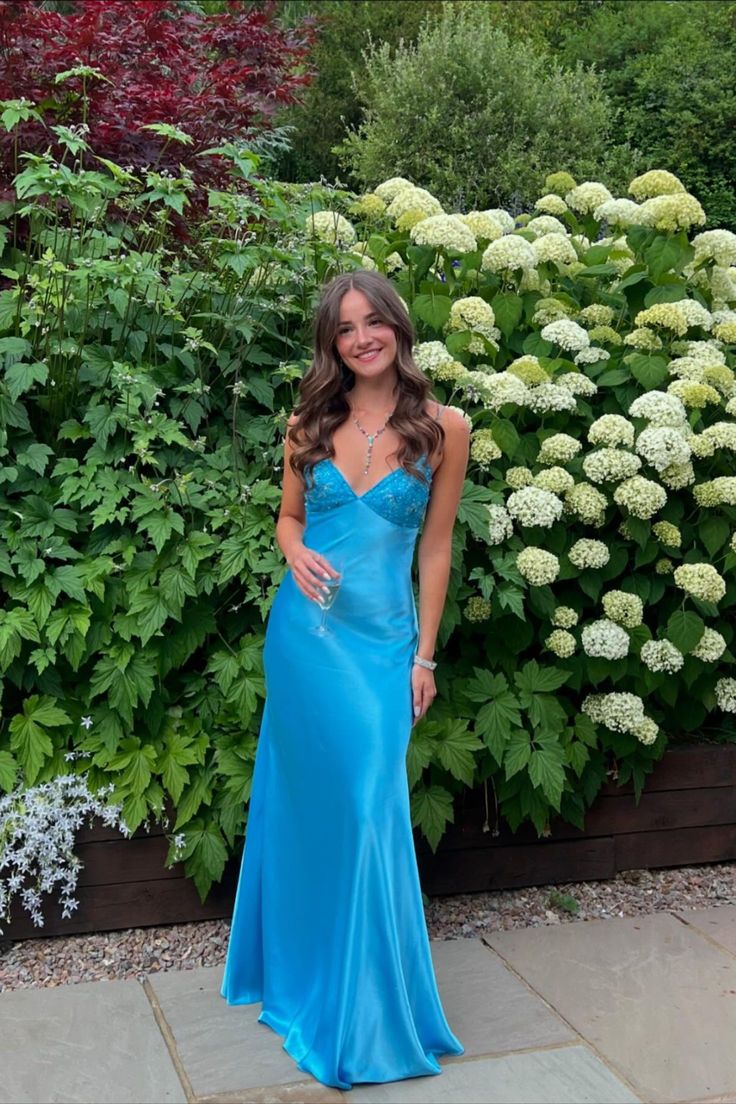 Blue Beaded Sequined Long Formal Evening Gown Formal Prom Dresses Party Dresses