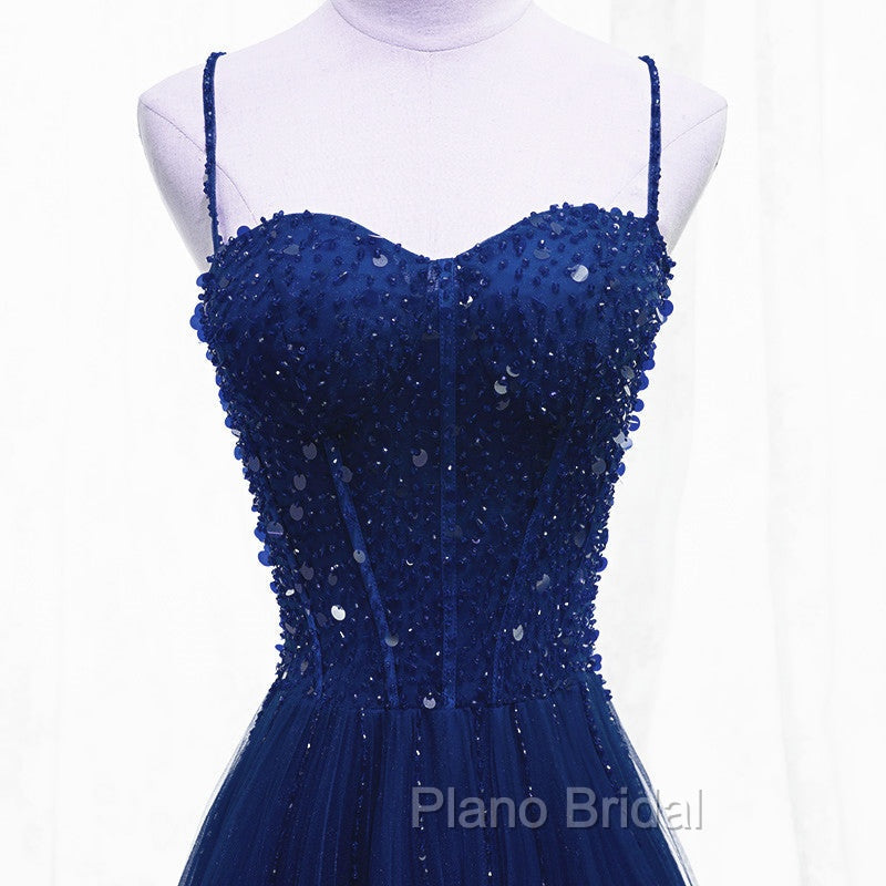 Blue Beaded Straps A-line Tulle New Formal Prom Dresses Party Dresses, Blue Floor Length Party Dresses Secondary image