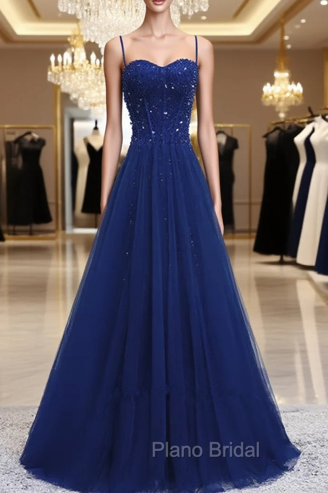 Blue Beaded Straps A-line Tulle New Formal Prom Dresses Party Dresses, Blue Floor Length Party Dresses Main image