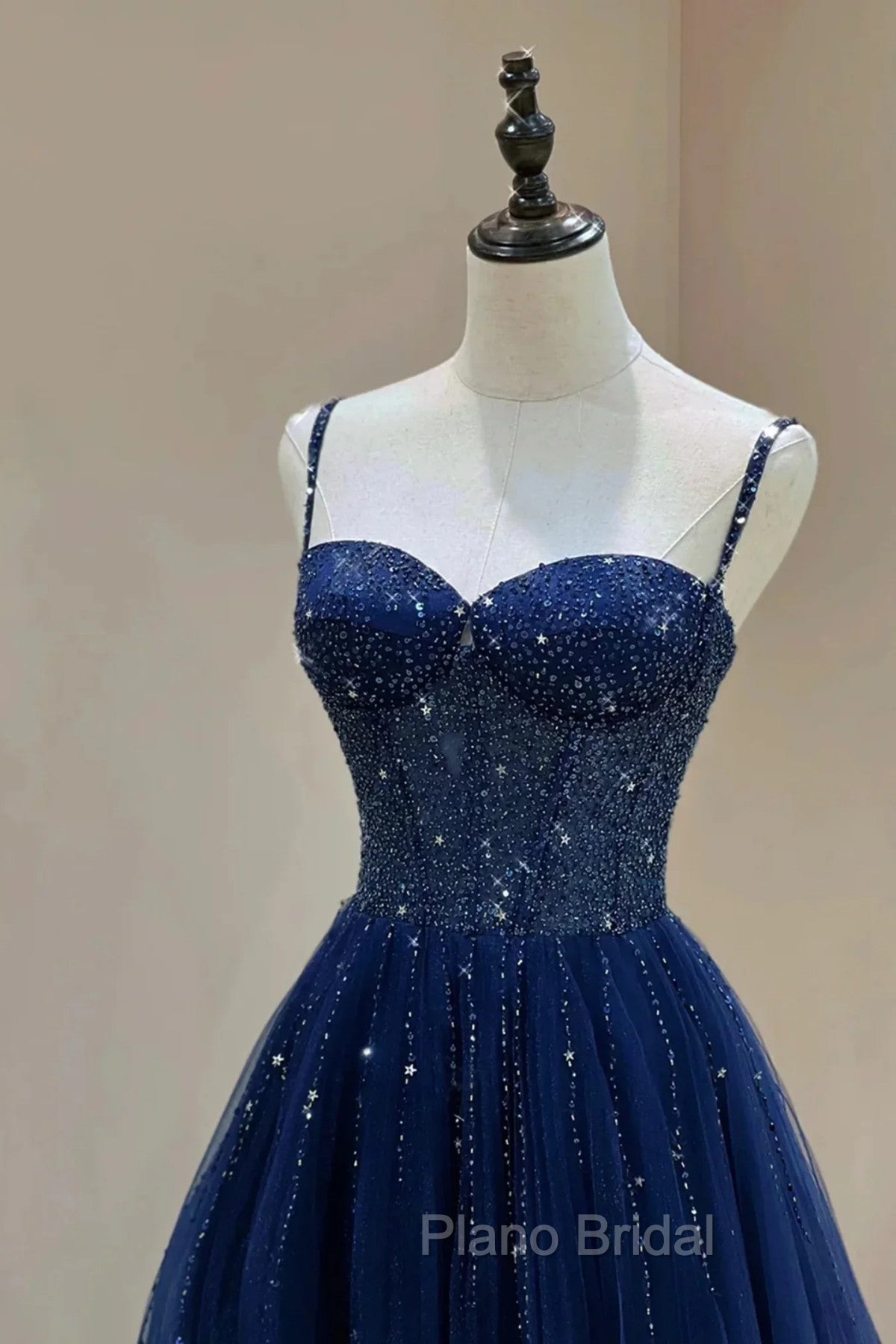 Blue Beaded Sweetheart Tulle A-line Formal Prom Dresses, Blue Long Party Dresses Secondary image