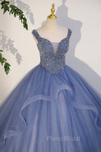 Blue Beaded Tulle Long A-Line Formal Prom Dresses, Blue Formal Dresses