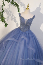 Blue Beaded Tulle Long A-Line Formal Prom Dresses, Blue Formal Dresses