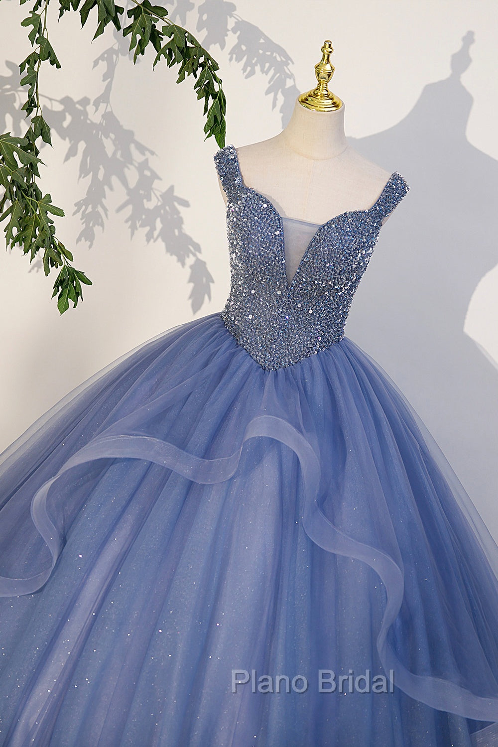 Blue Beaded Tulle Long A-Line Formal Prom Dresses, Blue Formal Dresses