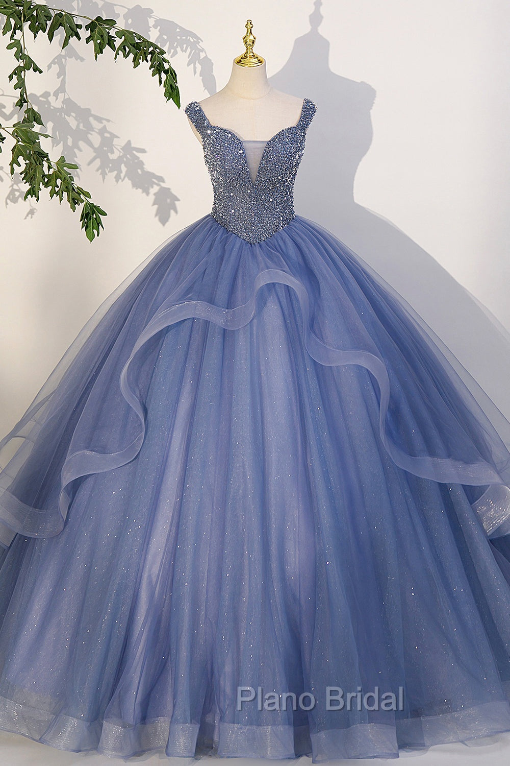 Blue Beaded Tulle Long A-Line Formal Prom Dresses, Blue Formal Dresses