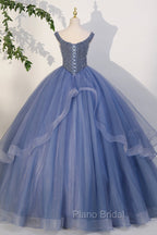 Blue Beaded Tulle Long A-Line Formal Prom Dresses, Blue Formal Dresses