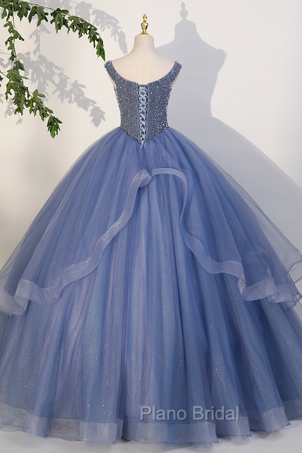 Blue Beaded Tulle Long A-Line Formal Prom Dresses, Blue Formal Dresses