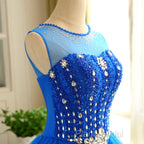 Blue Beaded Tulle Short Cute Homecoming Dresses, Blue Short Party Dresses Formal Prom Dresses