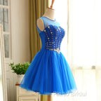 Blue Beaded Tulle Short Cute Homecoming Dresses, Blue Short Party Dresses Formal Prom Dresses